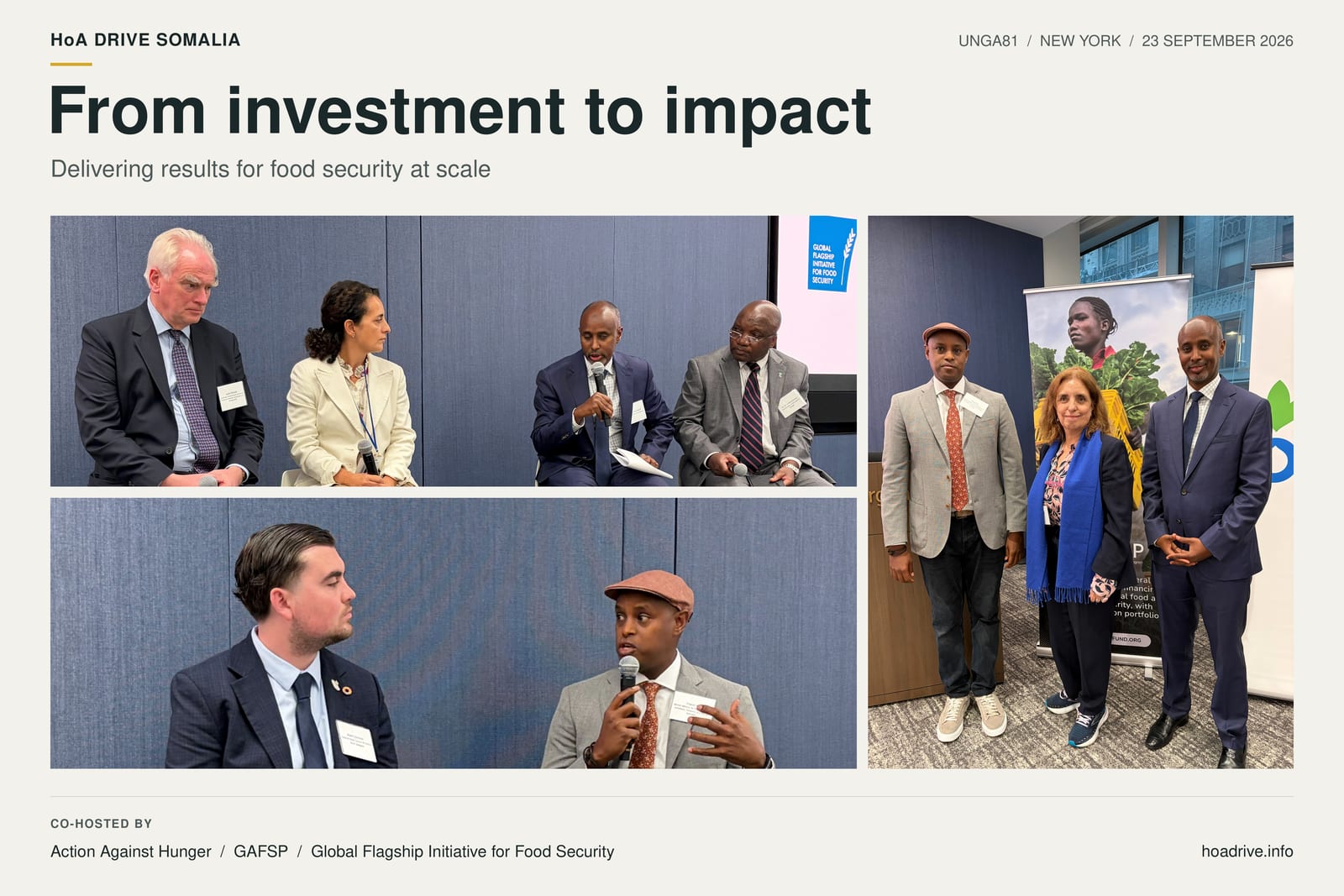 HoA DRIVE representatives speaking on panels and standing with Sonia Plaza at a UNGA food security roundtable in New York